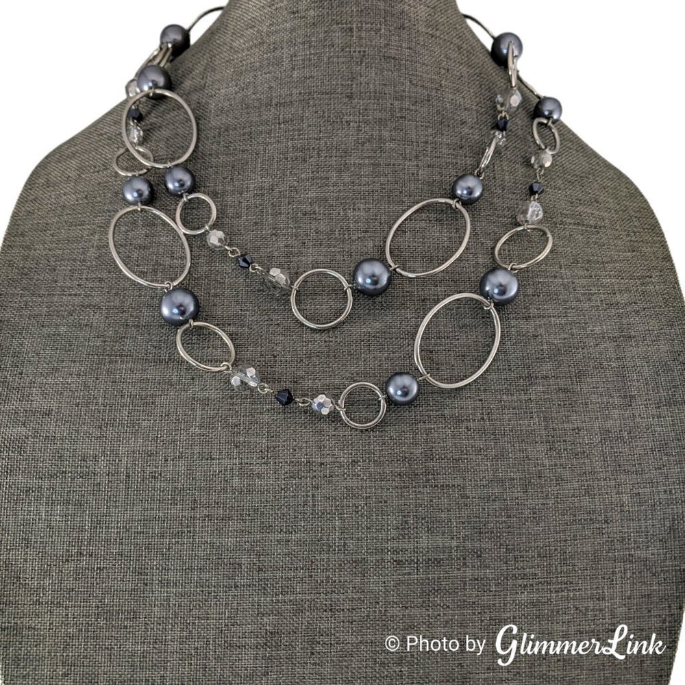Lia Sophia Alpine Gray Faux Pearls Oval Links Silver Tone Necklace